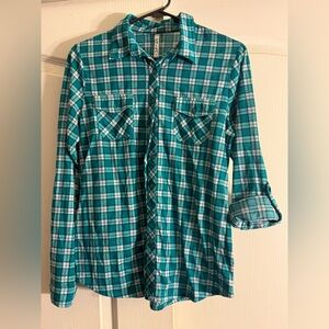 Teal and White Plaid Button Down Shirt